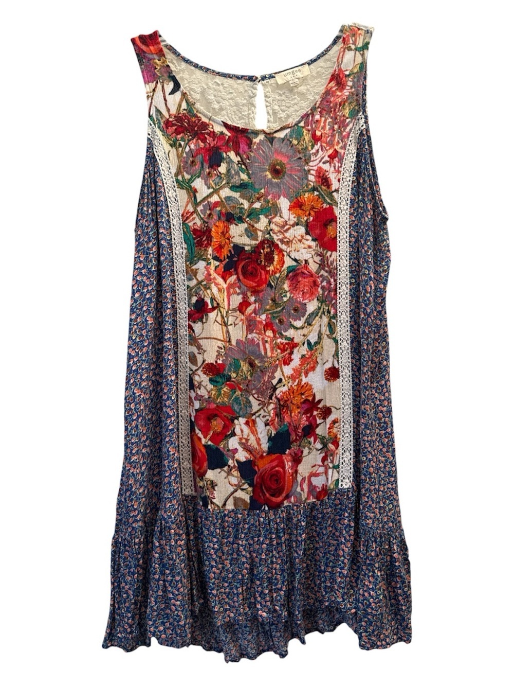 Anthropologie Umgee White Lace Dress with Blue Floral Trim